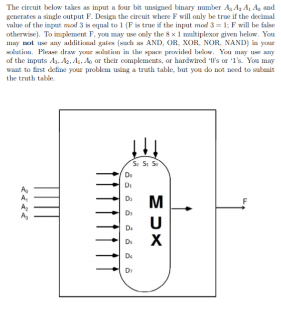 The circuit below takes as input a four bit unsigned binary number A A2 A Ao and generates a single output F. Design the circ