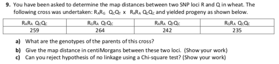 9. You have been asked to determine the map distances between two SNP loci R and Q in wheat. The following cross was undertak