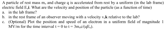 A particle of rest mass mo and charge q is accelerated from rest by a uniform (in the lab frame) electric field Ei. What are