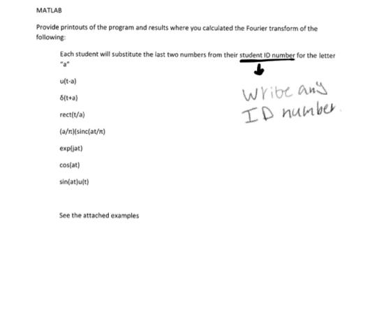 MATLAB Provide printouts of the program and results where you calculated the Fourier transform of the following: Each student