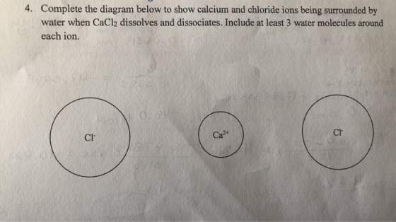 4. Complete the diagram below to show calcium and chloride ions being surrounded by water when CaCl2 dissolves and dissociate