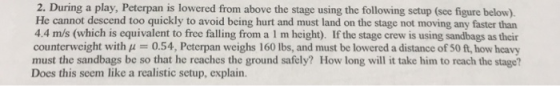 2. During a play, Peterpan is lowered from above the stage using the following setup (see figure below) He cannot descend too