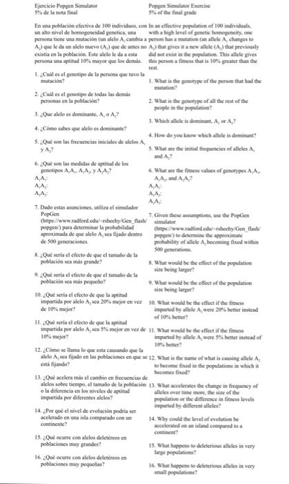 Ejercicio Popgen Simulator S% de la nota final Popgen Simulator Exencise 5% ofthe final grade En una población efectiva de 10