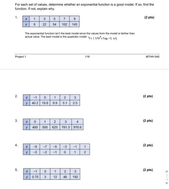 For each set of values, determine whether an exponential function is a good model. If so, find the function. If not, explain