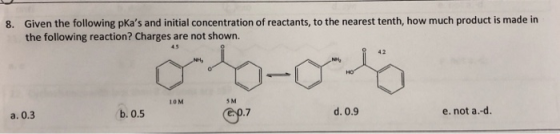 Given the following pKas and initial concentration of reactants, to the nearest tenth, how much product is made in the follo