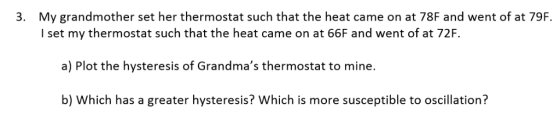 My grandmother set her thermostat such that the heat came on at 78F and went of at 79F. 3 I set my thermostat such that the h