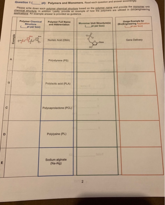 accordingly answer and i pt): Polymers and Monomers. Read each question chemical structure, in a oymer chemical structure bas