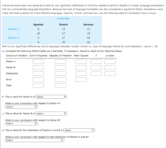 A factorial experiment was designed to test for any significant differences in the time needed to perform English to foreign