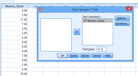 Score One-Sample T Test 8.00 3.00 11.00 7.00 6.00 5.00 4.00 8.00 9.00 8.00 7.00 9.00 5.00 4.00 10.00 Test Variable(s): Option
