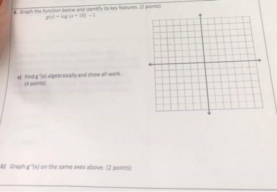 8. Graph the function below and identify its key features. (2 points) g) = log (x + 10) - 1 a) Find g(x) algebraically and s