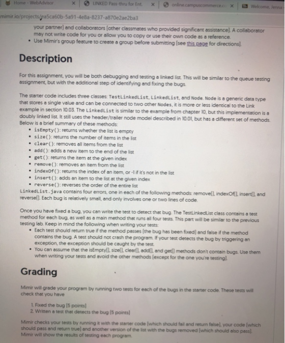Home- WebAdvisor LINKED Pass-thru for Ent X online.campuscommerce.c X Welcome, Jenna mimir.io/projects/ea5ca60b-5a91-4e8a-823