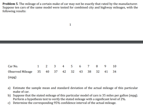 Problem 5. The mileage of a certain make of car may not be exactly that rated by the manufacturer. Suppose ten cars of the sa
