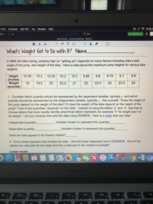 6% Edit PDF View Annotate Go Window Help Annatate TI Edit 0% v - + Try Full Version Lab Activity- Linear Modeling- BMX(1) TO