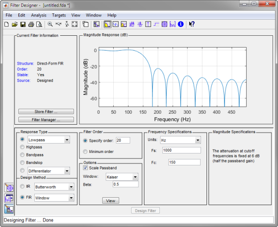 Filter Designer- [untitled.fda ] File Edit Analysis Targets View Window Help Magnitude Response (dB) Current Filter In forma