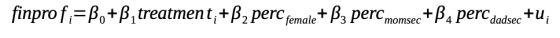 finpro f i-β0+ β 1 treatment i + β 2 perc female+ β, perc momsec+ β 4 perc dadsectu