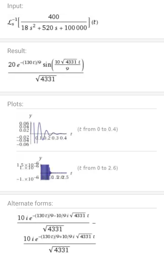 Input: 400 (t) 520 s+100 000 18 s Result: 10 4331 20 e130 9 sin V4331 Plots: 8.89 0.02 (t from 0 to 0.4) 8.83 d.b.2 0.3 0.4 -