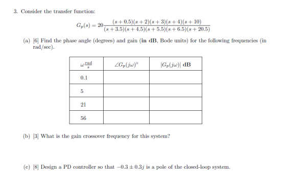 3. Consider the transfer function: ls0 (s +0.5(s +2(s +3)(s +4(s+10) (s +3.5) (s +4.5) (s 5.5) (s 6.5)(s +20.5) (a) [6] Find