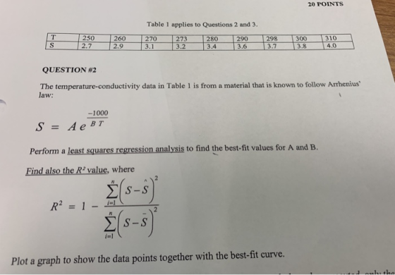 20 POINTS Table 1 applies to Questions 2 and 3. 250 2.7 298 3.6 260 2.9 273 3.2 300 3.8 280 290 3.1 4.0 3.7 QUESTION #2 The t