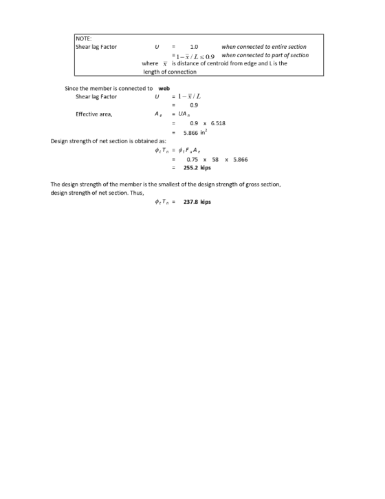 NOTE: Shear lag Factor when connected to entire section 1.0 when connected to part of section =1-x/Ls0.9 is distance of centr