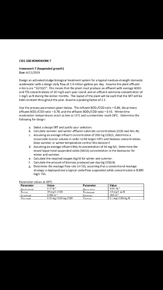 CIEG 328 HOMEWORK7 Homework 7 (Suspended growth) Due: 4/112019 Design an activated sludge biological treatment system for a t
