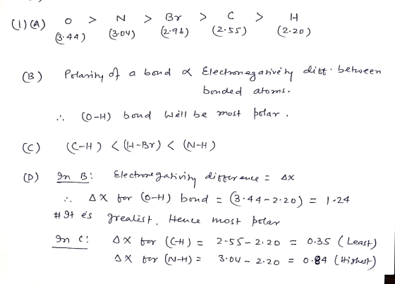 U) A) 2-20 2.55) 2-91) 3D) 44) di bt behween Electongahvé hy Pelarihy d 2 bomoled atoms. Wel be ost olar Со-н) bоud CH) -RBY)