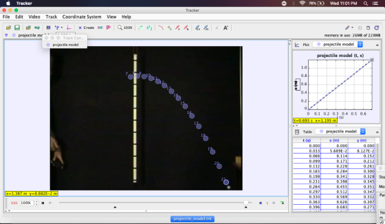 76% [5), QE i Tracker Wed 1101 PM Tracker File Edit Video Track Coordinate System View Help v projectile mo memory in use: 26