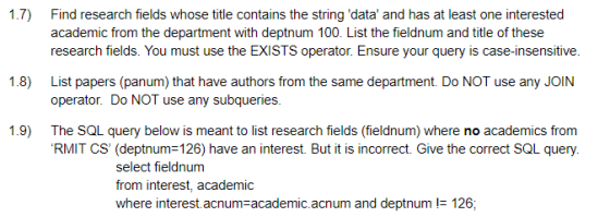 1.7) Find research fields whose title contains the string data and has at least one interested academic from the department