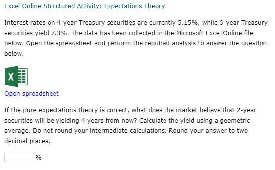 Excel Online Structured Activity: Expectations Theory Interest rates on 4-year Treasury securities are currently 5.15%, while