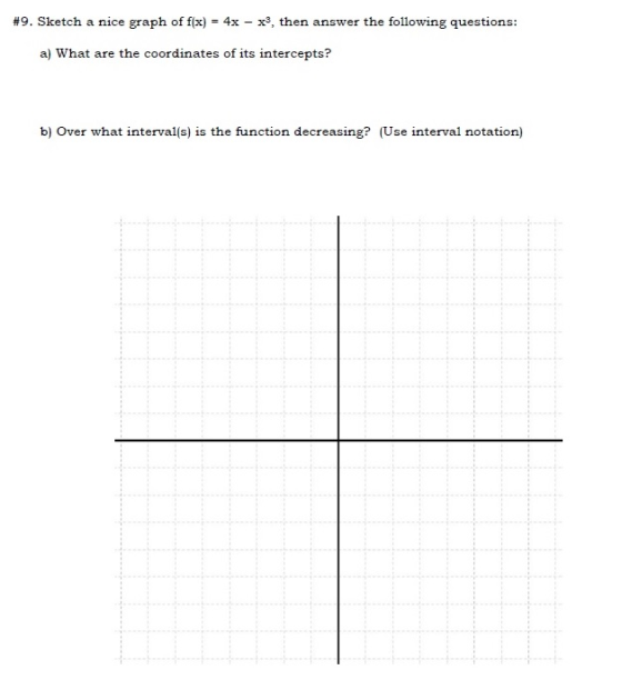 # 9. Sketch a nice graph of f(x) 4x x3, then answer the following questions: a) What are the coordinates of its intercepts? b