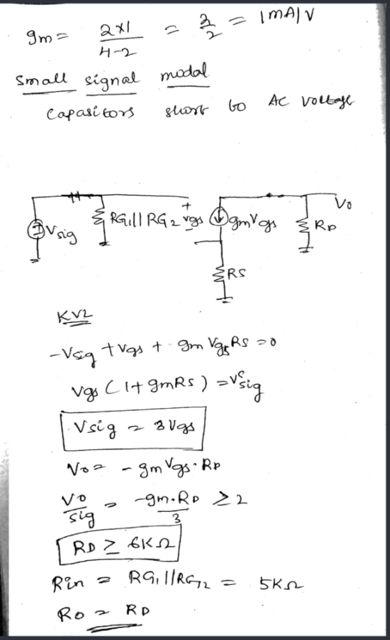 Mew1 H Small signal modal AC Volt Go glont Capasi tos Vo + RGill RG 2 Rp SRS -V tv t Vs gmRs ) Vsia Vsig Rp Voa gn.RD2 Vo RGI