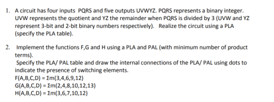 1. A circuit has four inputs PORS and five outputs UVWYZ. PQRS represents a binary integer. UVW represents the quotient and Y