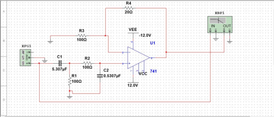 R4 200 XBP1 IN OUT VEE R3 -12.0V 1000 U1 XFG1 C1 R2 1000 5.307HF C2 741 0.5307uF R1 1000 12.0V D