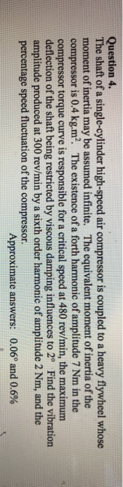 Question 4. The shaft of a single-cylinder high-speed air compressor is coupled to a heavy flywheel whose moment of inertia m