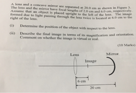 A lens and a concave mirror are separated at 20.0 cm as shown in Figure . The lens and the mirror have focal lengths of 2.0 c