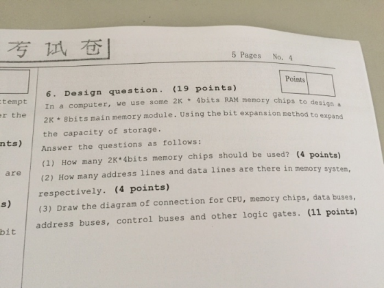 5 Pages No. 4 Points Design ques tion . (19 points) 6. 4bits RAM memory chips to design tempt we use some 2K * In a computer,