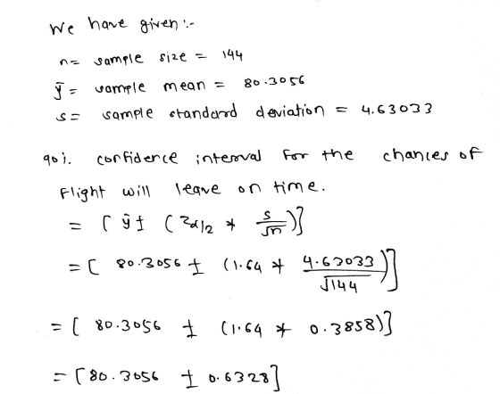 We have given :.- 144 S12е — Sample 8o .3056 Megn sample etandard deviation Ч.63033 сьгfid ence inteva chanies of on time 1eg