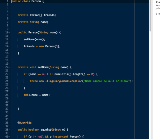 1 public class Person t 2 $ja Per pub 4 private Person friends; private String name; public Person String name) 10 12 setName