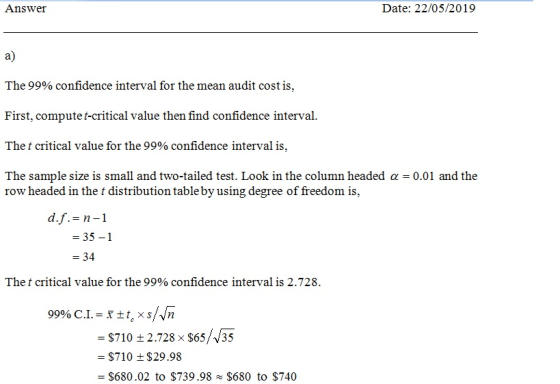 Date: 22/05/2019 Answer a) The 99% confidence interval for the mean audit cost is. First, compute t-critical value then find