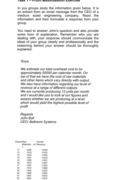 In you groups study the information given below. It is an extract from an email message from the CEO of a medium sized engine