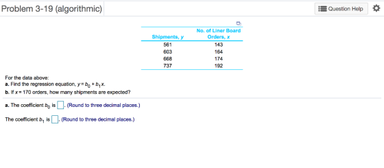 Question Help Problem 3-19 (algorithmic) No. of Liner Board Orders, Shipments, y 561 603 143 164 668 174 737 192 For the data