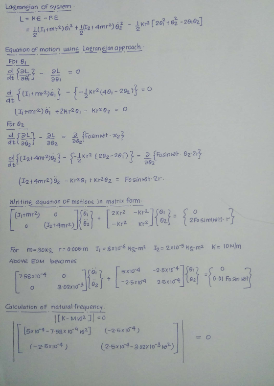 Lagraneian oF system L=K.E-PE Atmr2)62 +0214mr2) 62-J사2[26+ 65-26182] Equation of maotion usine Lagran Eian approach For 01 1