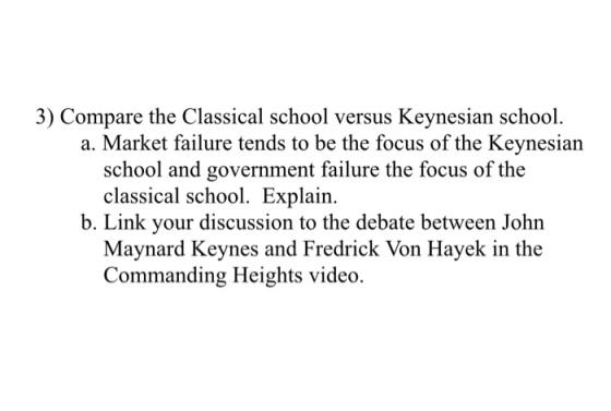 3) Compare the Classical school versus Keynesian school a. Market failure tends to be the focus of the Keynesian school and g