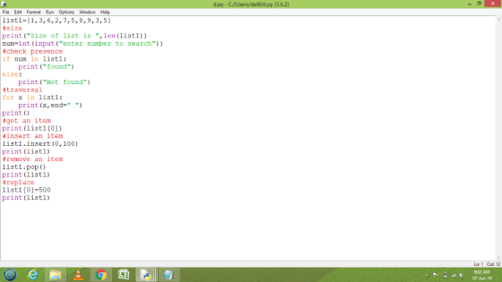 d.py -C:/Users/delll/d.py (3.6.2) File Edit Format Run Options Window Help listl-[1,3,6,2,7,5,8,9,3,5] #size print (Size of
