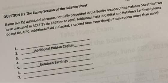 QUESTION # 7 The Equity Section of the Balance Sheet Name five (5) additional accounts normally presented in the Equity secti