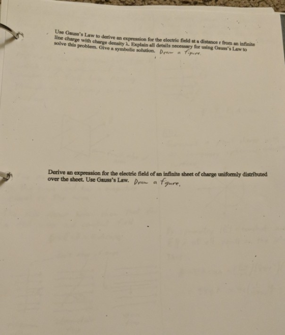 Use Gausss Law to derive an expression for the electric field at a distance r from an infinite line charge with charge densi
