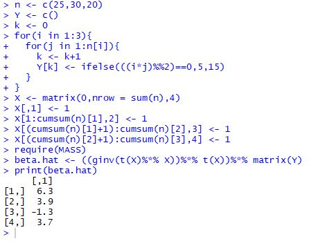 n <c(25,30,20) Y c) k<0 for (i in 1:3){ for j in 1:n[i]){ k < k+1 + Yk]ifelse(C(i*j)%%2) --0, 5,15) } } > x <matrix (0, nrow
