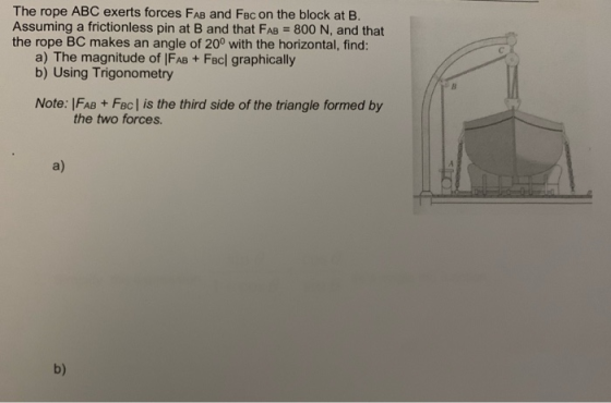 The rope ABC exerts forces FAB and Fac on the block at B. Assuming a frictionless pin at B and that FAB= 800 N, and that the