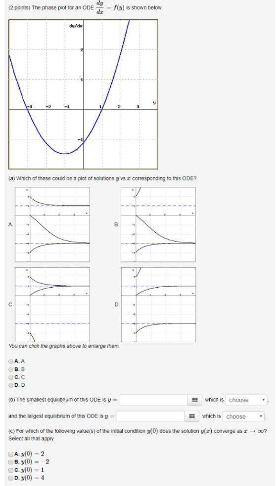 (2 points) The phase plot for an ODE-= f(y) is shown below. dy/dx -2 -1 2 (a) Which of these could be a plot of solutions y v