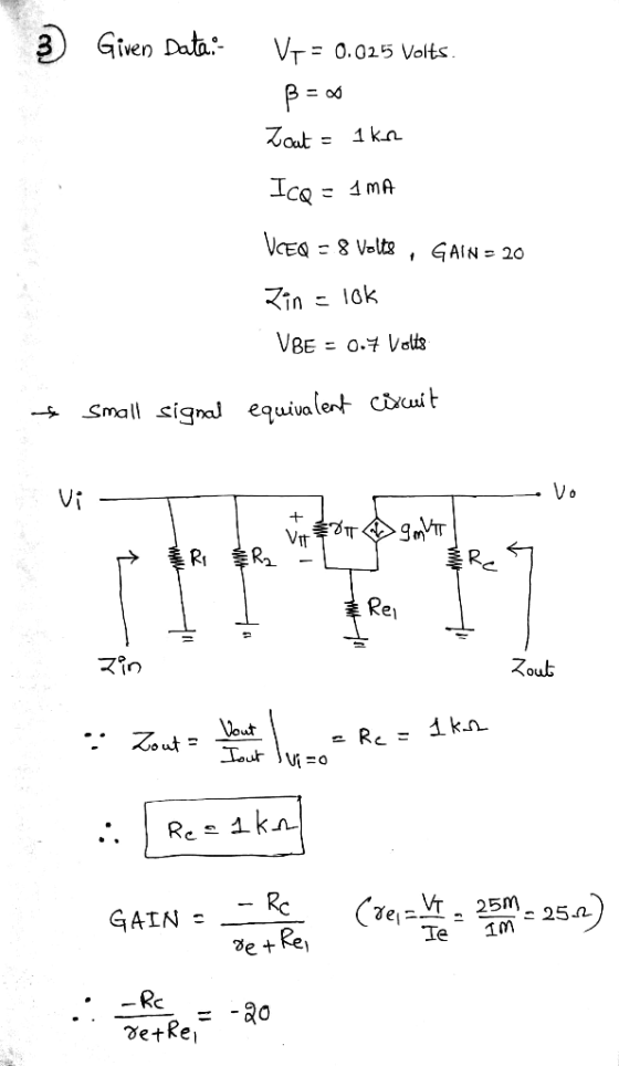 Given Dat V 0.025 Volts -CQご4mA → Small signal equivale+ count VIT VIT スin Zout GAIN Se+Re