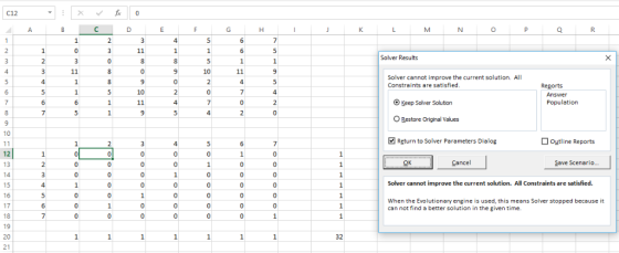 C12 0 Solver Results Solver cannot improve the current solution. All Constraints are satisfied Population 10 O Keep Solver So